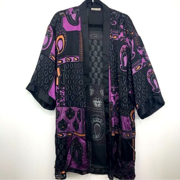 DEX Black Purple Paisley Pattern Semi Sheer Kimono Duster Tunic Cardigan - Picture 2 of 16